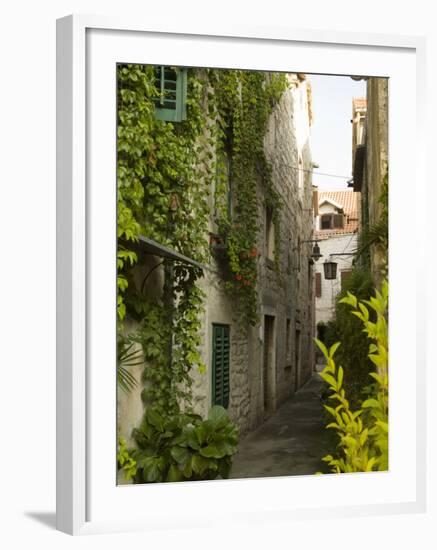 Narrow alley with historic stone buildings, Trogir, Dalamatia, Croatia-Merrill Images-Framed Photographic Print