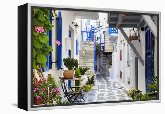 Narrow street, whitewashed buildings with blue paint work, flowers, Mykonos Town (Chora), Mykonos,-Eleanor Scriven-Framed Premier Image Canvas