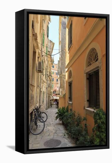 Narrow Street with Bike, Old Town, Corfu Town, Corfu, Ionian Islands, Greece-Eleanor-Framed Premier Image Canvas