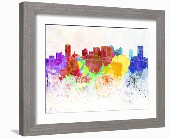 Nashville Skyline in Watercolor Background-paulrommer-Framed Art Print