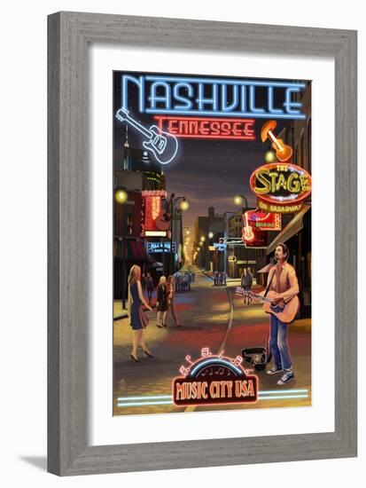 Nashville, Tennessee - Broadway at Night-Lantern Press-Framed Art Print