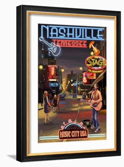 Nashville, Tennessee - Broadway at Night-Lantern Press-Framed Art Print