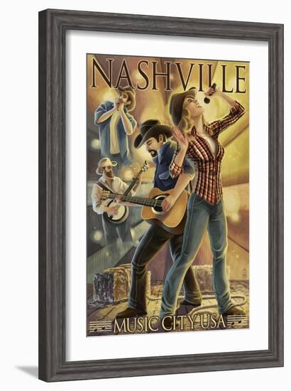 Nashville, Tennessee - Country Band Scene-Lantern Press-Framed Art Print