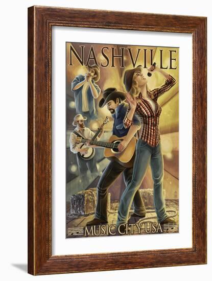 Nashville, Tennessee - Country Band Scene-Lantern Press-Framed Art Print