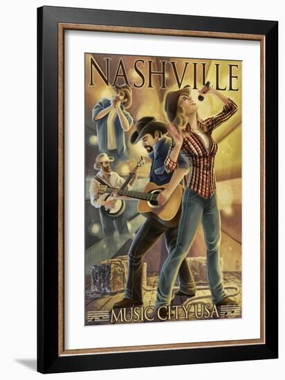 Nashville, Tennessee - Country Band Scene-Lantern Press-Framed Art Print