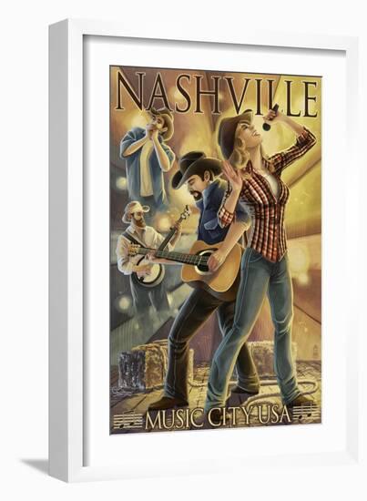 Nashville, Tennessee - Country Band Scene-Lantern Press-Framed Art Print