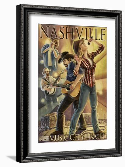 Nashville, Tennessee - Country Band Scene-Lantern Press-Framed Art Print