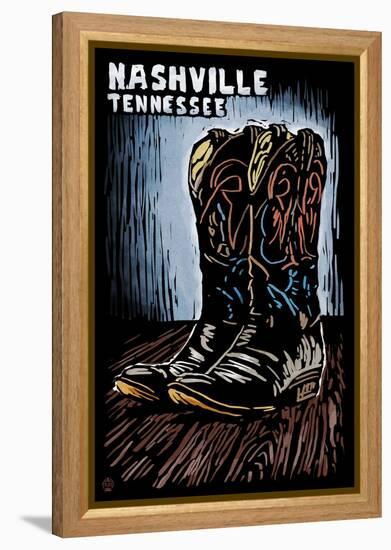 Nashville, Tennessee - Cowboy Boots - Scratchboard-Lantern Press-Framed Stretched Canvas