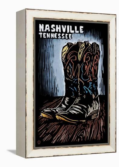 Nashville, Tennessee - Cowboy Boots - Scratchboard-Lantern Press-Framed Stretched Canvas