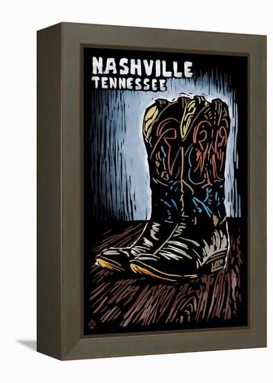 Nashville, Tennessee - Cowboy Boots - Scratchboard-Lantern Press-Framed Stretched Canvas