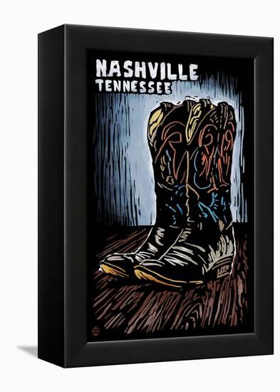 Nashville, Tennessee - Cowboy Boots - Scratchboard-Lantern Press-Framed Stretched Canvas