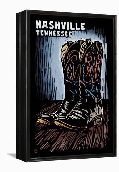 Nashville, Tennessee - Cowboy Boots - Scratchboard-Lantern Press-Framed Stretched Canvas