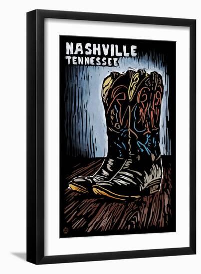 Nashville, Tennessee - Cowboy Boots - Scratchboard-Lantern Press-Framed Art Print