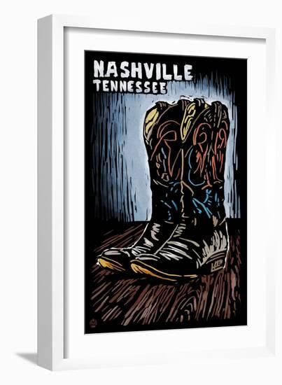 Nashville, Tennessee - Cowboy Boots - Scratchboard-Lantern Press-Framed Art Print