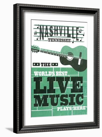 Nashville, Tennessee - Horizontal Guitar - Teal Screenprint-Lantern Press-Framed Art Print