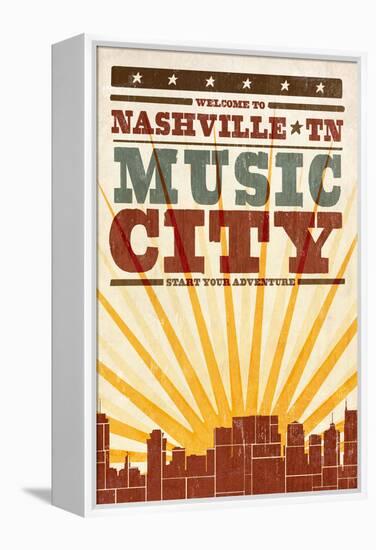 Nashville, Tennessee - Skyline and Sunburst Screenprint Style-Lantern Press-Framed Stretched Canvas