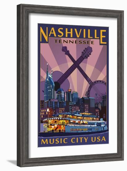 Nashville, Tennessee - Skyline at Night-Lantern Press-Framed Art Print