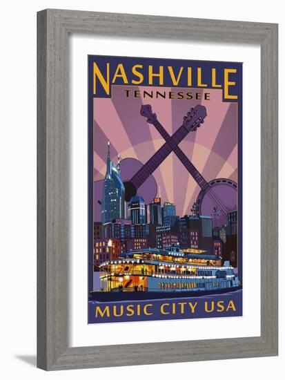 Nashville, Tennessee - Skyline at Night-Lantern Press-Framed Art Print