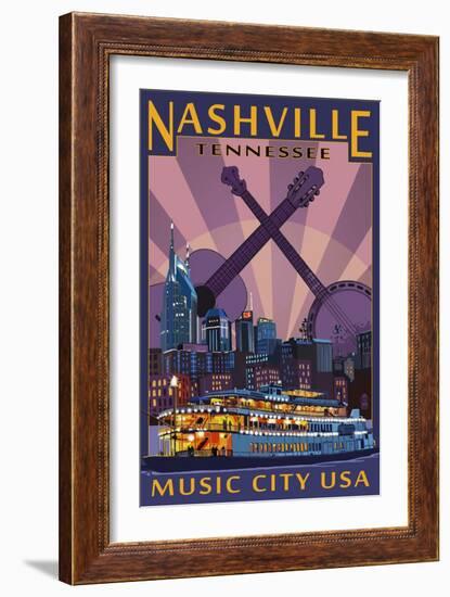 Nashville, Tennessee - Skyline at Night-Lantern Press-Framed Art Print