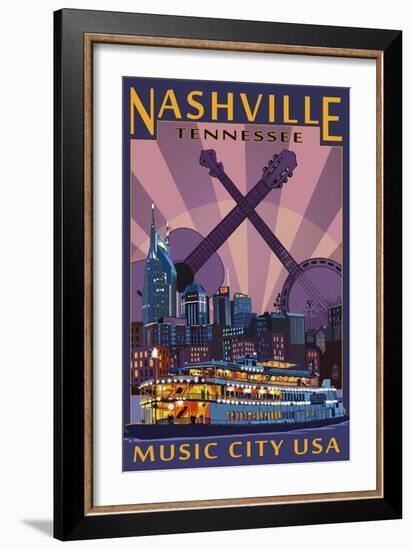 Nashville, Tennessee - Skyline at Night-Lantern Press-Framed Art Print