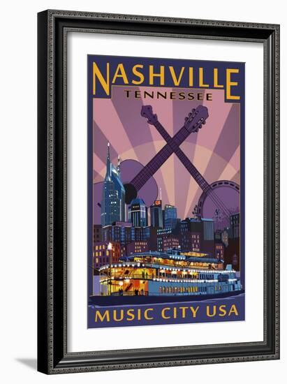 Nashville, Tennessee - Skyline at Night-Lantern Press-Framed Art Print