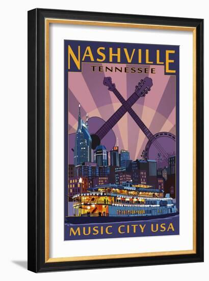 Nashville, Tennessee - Skyline at Night-Lantern Press-Framed Art Print