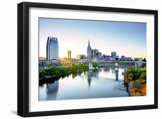 Nashville, Tennessee, Skyline, Cumberland River, John Seigenthaler Pedestrian Bridge, Previously Ca-John Coletti-Framed Photographic Print