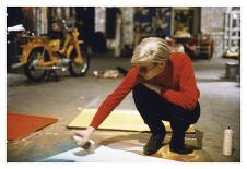 Andy with Spray Paint and Moped, The Factory, NYC, circa 1965-Andy Warhol/ Nat Finkelstein-Framed Art Print