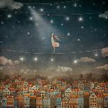 Illustration of Cute Houses and Pretty Girl  in Night Sky-natalia_maroz-Premium Giclee Print