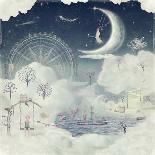 Illustration of Cute Houses and Pretty Girl  in Night Sky-natalia_maroz-Premium Giclee Print