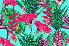 Pink Flamingos, Exotic Birds, Tropical Palm Leaves, Trees, Jungle Leaves Seamless Vector Floral Pat-NataliaKo-Art Print