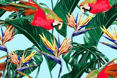 Parrots, Exotic Birds, Tropical Flowers, Palm Leaves, Jungle