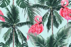 Pink Flamingos, Exotic Birds, Tropical Palm Leaves, Trees, Jungle Leaves Seamless Vector Floral Pat-NataliaKo-Framed Art Print