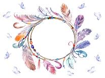 Watercolor Colorful Feathers Frame with Butterflies. Hand Drawn Boho Print for Wedding Card, Invita-Naticka-Premium Giclee Print