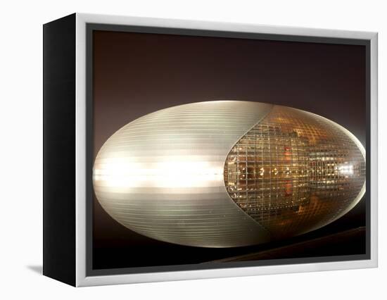 National Centre for the Performing Arts, Egg Shape Reflection, Illuminated During National Day Fest-Kimberly Walker-Framed Premier Image Canvas