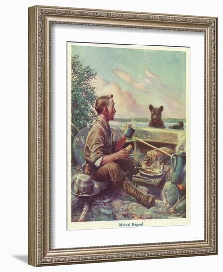 National Sportsman - Man Cooking Breakfast at Camp, Bear Altered by the Smell, c.1921-Lantern Press-Framed Art Print