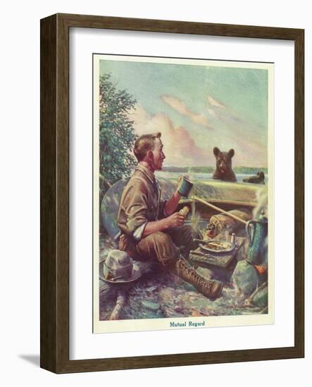 National Sportsman - Man Cooking Breakfast at Camp, Bear Altered by the Smell, c.1921-Lantern Press-Framed Art Print