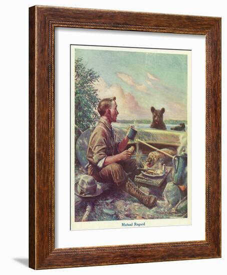 National Sportsman - Man Cooking Breakfast at Camp, Bear Altered by the Smell, c.1921-Lantern Press-Framed Art Print