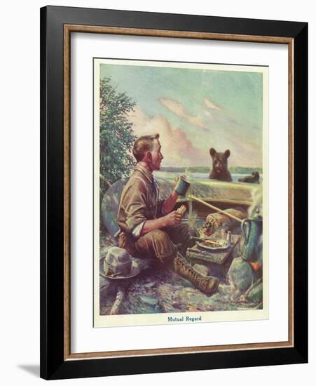 National Sportsman - Man Cooking Breakfast at Camp, Bear Altered by the Smell, c.1921-Lantern Press-Framed Art Print