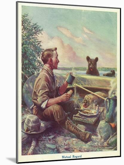 National Sportsman - Man Cooking Breakfast at Camp, Bear Altered by the Smell, c.1921-Lantern Press-Mounted Art Print