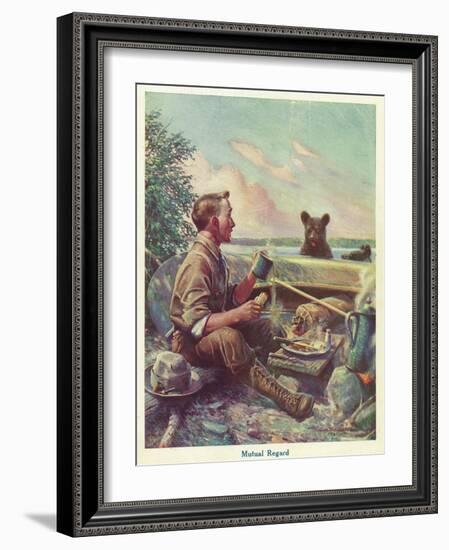 National Sportsman - Man Cooking Breakfast at Camp, Bear Altered by the Smell, c.1921-Lantern Press-Framed Art Print