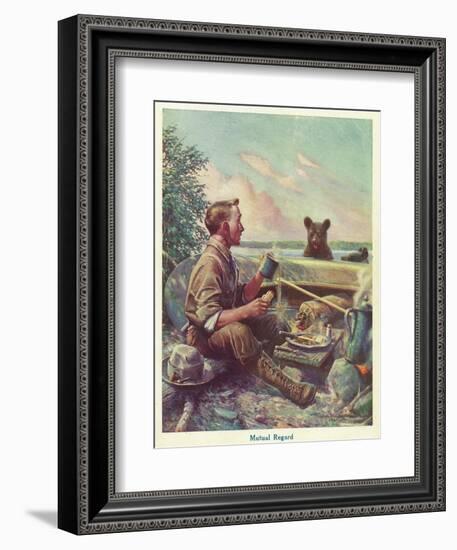 National Sportsman - Man Cooking Breakfast at Camp, Bear Altered by the Smell, c.1921-Lantern Press-Framed Premium Giclee Print