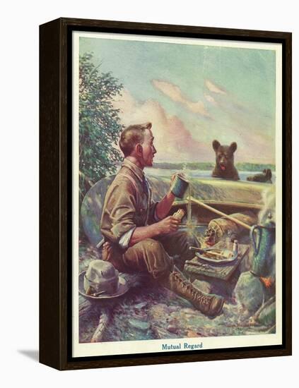 National Sportsman - Man Cooking Breakfast at Camp, Bear Altered by the Smell, c.1921-Lantern Press-Framed Stretched Canvas