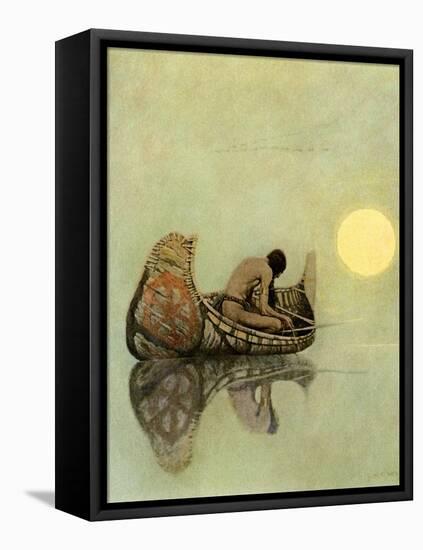 Native American Fishing in a Birchbark Canoe-null-Framed Premier Image Canvas