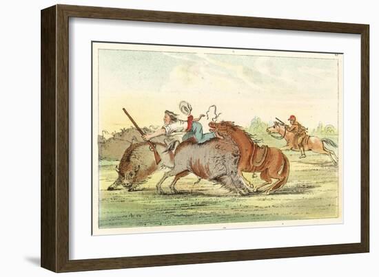 Native American Hunting Buffalo on Horseback-George Catlin-Framed Art Print