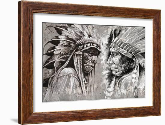 Native American Indian Head, Chief, Retro Style-outsiderzone-Framed Art Print