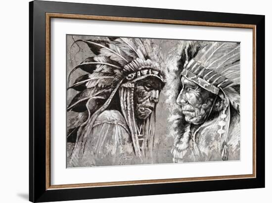 Native American Indian Head, Chief, Retro Style-outsiderzone-Framed Art Print