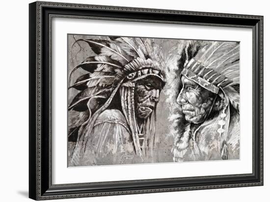 Native American Indian Head, Chief, Retro Style-outsiderzone-Framed Art Print