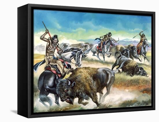 Native American Indians Killing American Bison-Ron Embleton-Framed Premier Image Canvas