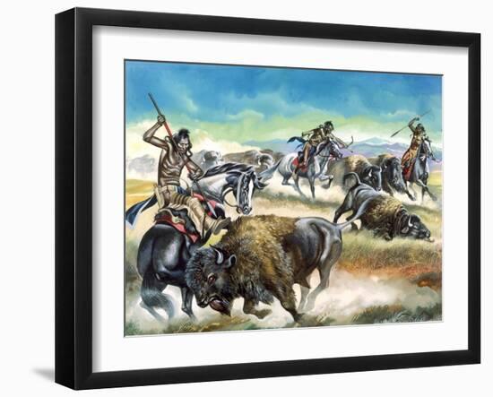 Native American Indians Killing American Bison-Ron Embleton-Framed Giclee Print